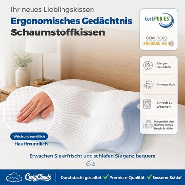 Ортопедична подушка для шиї та голови Premium Memory Foam у формі метелика, ергономічна подушка з ефектом пам'яті для сну на боці та спині, зі знімним чохлом (Sky Breeze Blue)