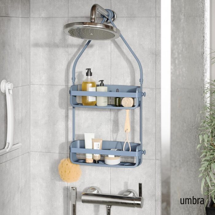 Підвісна полиця для душу Umbra Flex, органайзер у ванну з 2 рівнями та системою дренажу, силіконові стрічки, колір: сланцево-синій