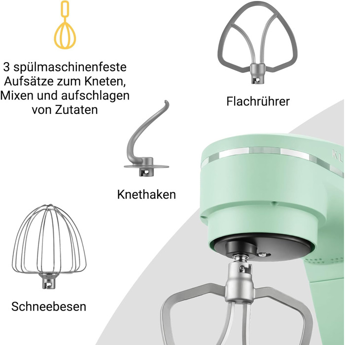 Кухонний комбайн KLAMER 1800W, планетарний міксер для тіста з чашею 6л з нержавіючої сталі, 10 швидкостей, таймером та набором насадок (Premium Mint)