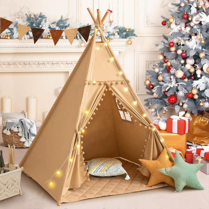 Дитяче намет WIRHAO Tipi з м'яким килимком, бавовна, канвас. Намет Tipi для дітей, з ліхтариками-зірками, сумка, прапор (білий, хакі)