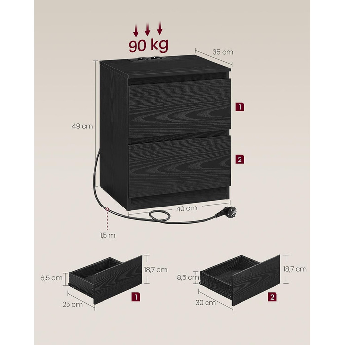 Приліжкова тумбочка VASAGLE Kailyn з розетками, 2 ящики, 2 AC-розетки, 2 USB-A порти, для спальні, хмарно-білий LET62W02