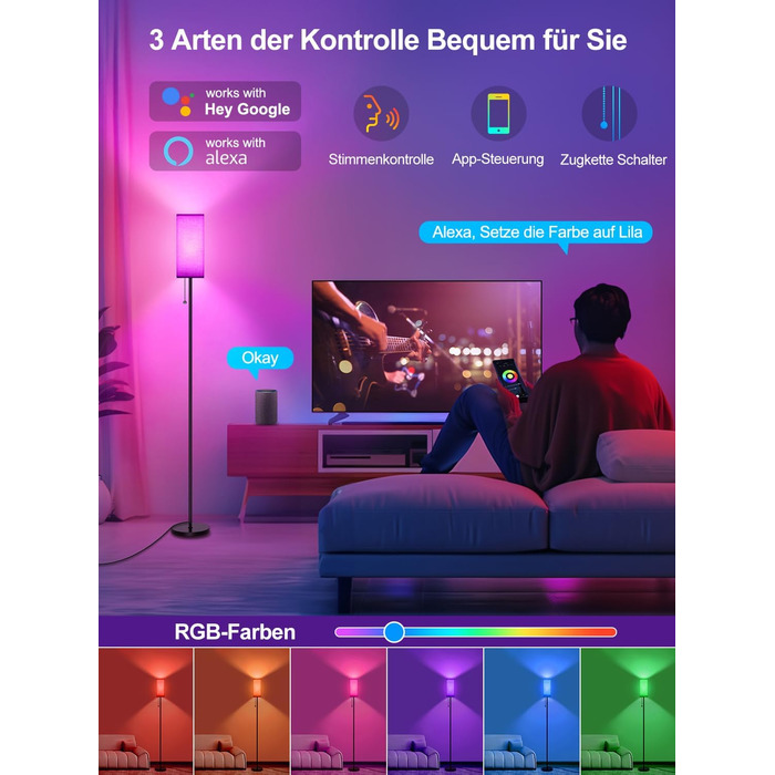 Розумна RGB+CCT Wi-Fi LED торшер 9Вт E27 для вітальні, димований, 2700K-6500K, керування через додаток, Alexa/Google, музичний та таймерний режими