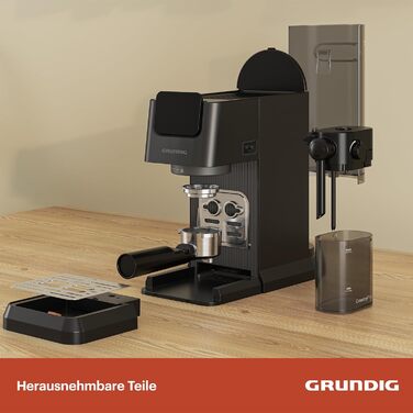 Еспресо-кавоварка GRUNDIG KSM 5330 з молочним контейнером, 1628 Вт, 15 бар, двійна насадка, сенсорний дисплей, BrewSense, CreamyPro, нержавіюча сталь/чорна