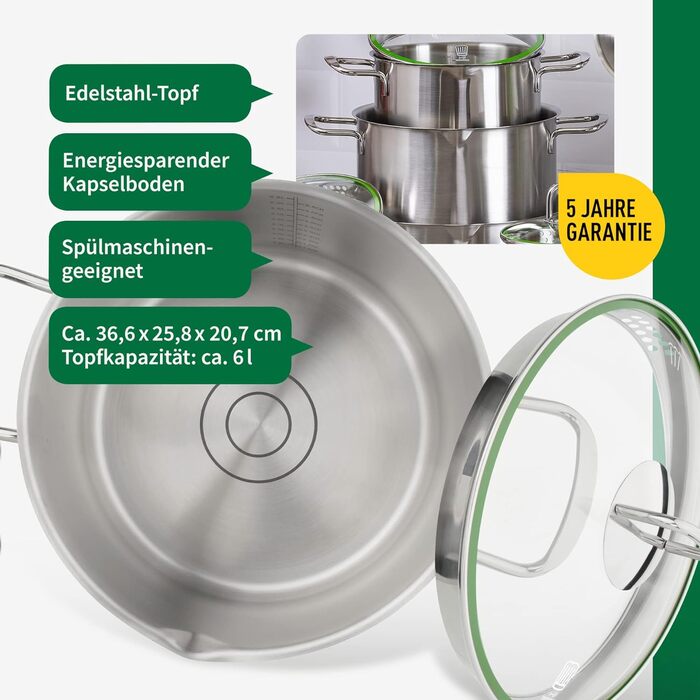 Каструля з нержавіючої сталі Fackelmann Chefkoch München 24 см, 5,5 л, для всіх типів плит (індукція), з функцією зливу, високоякісна
