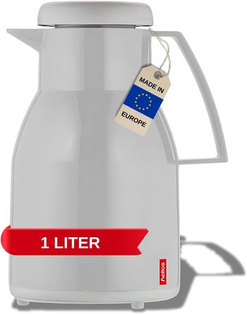 Термос Helios Wash Thermoskanne 1L: 6 годин тепла, 100% герметичний, для миття в посудомийній машині, з подвійним скляним вкладишем (сірий)