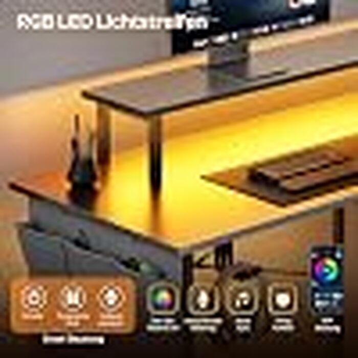 Кутовий письмовий стіл HLONONE L-подібний з LED-підсвіткою та розетками, 110 x 80 см, ігровий комп'ютерний стіл з полицею, підставкою для монітора та сумкою для зберігання, сірий
