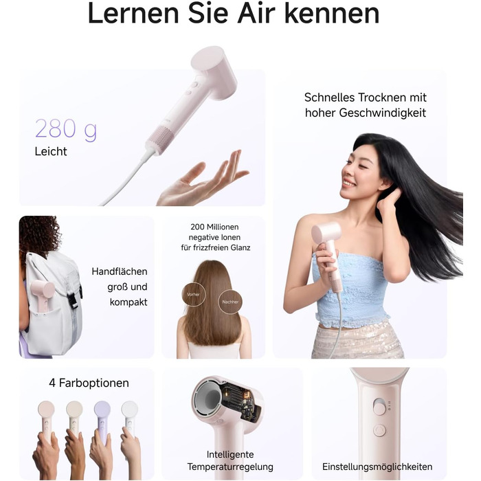 Фен для волосся Laifen Air, швидка сушка, вага 280 г, пастельно-рожевий