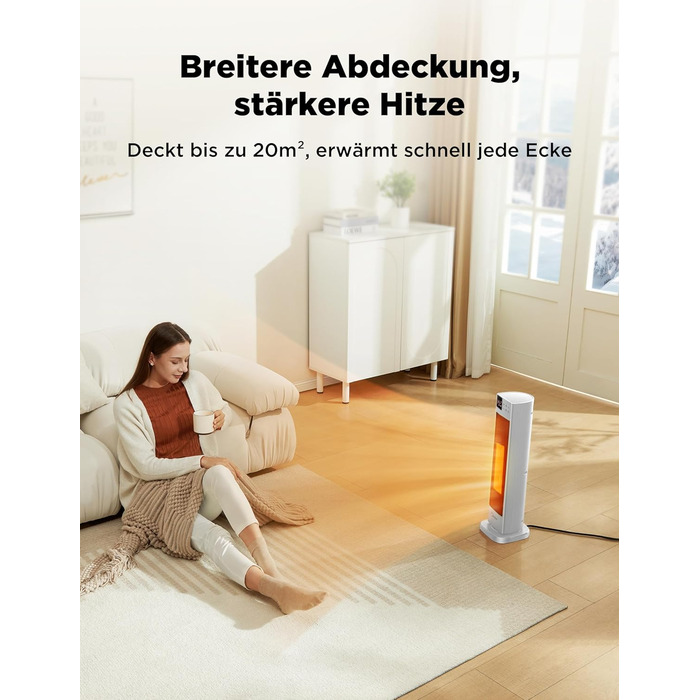 Керамічний обігрівач Midea NTH20-22ER(WH), 2000 Вт, з термостатом і дистанційним керуванням, енергозберігаючий, 2 режими нагріву, таймер 24 години, ECO-режим, осциляція 75°, для великих приміщень, білий