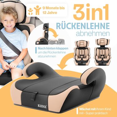 Автокрісло KIDIZ i-Size R129 100-150 см для дітей до 12 років, група 1/2/3 без Isofix, бежеве