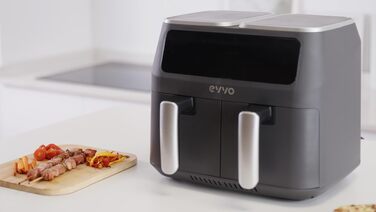 Аерофритюрниця EVVO з подвійним кошиком 8 л, 2800 Вт, безмасляне приготування, антипригарне покриття, 10 програм, Dual-Cyclone технологія, чорна