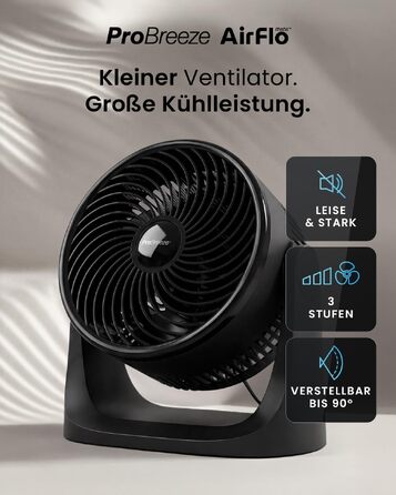 Pro Breeze AirFlo Mini Настільний Вентилятор: Тихий Турбо Вентилятор з 3 Швидкостями, Нахилом 90° та Потужним Потоком Повітря 4.2 м/с, Компактний для Офісу, Спальні та Дому (Чорний)