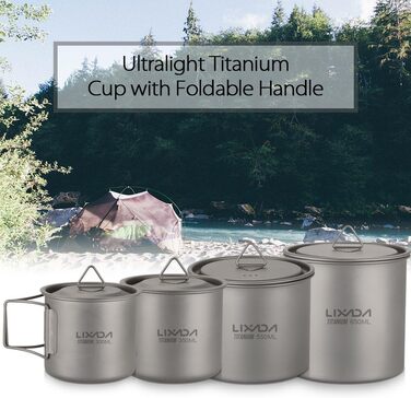 Титанoвий казанок Lixada для кемпінгу з складаною ручкою та чашка для води, похідний набір для пікніка та туризму