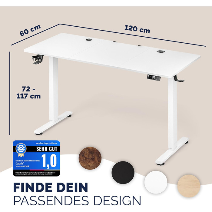 Ергономічний електричний стіл Casaria® 120x60 см з бездротовою зарядкою, USB-C/A, LCD-дисплеєм та пам'яттю (білий)