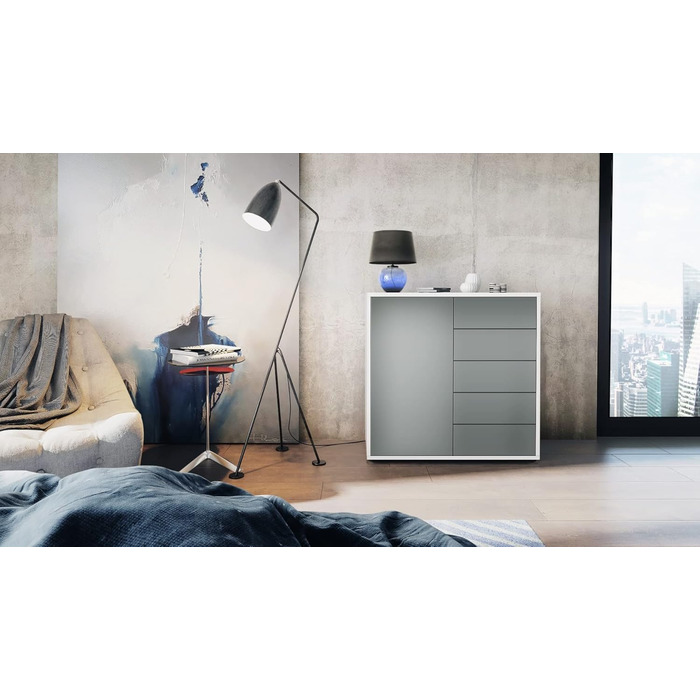 Комод Vladon Ben V2, 79x74x36 см, 1 дверцята, 5 шухляд, білий матовий/авола-антрацит, Німеччина