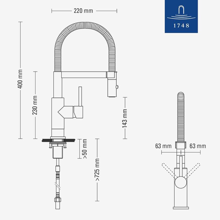 Змішувач кухонний Villeroy & Boch Steel Expert Compact, нержавіюча сталь, поворотний вилив, економія води, висота 143 мм