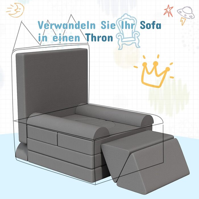 Модульна дитяча кушетка-конструктор MAMIZO Spielsofa Cord, 15 елементів, сірий колір. Кушетка для ігор та відпочинку, екологічна тканина Oeko-Tex, для дитячої кімнати.