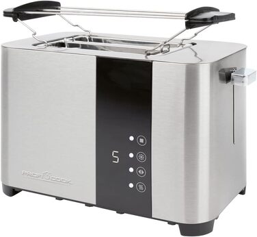 Тостер ProfiCook 2-складовий, нержавіюча сталь, 850 Вт, широкий слот, знімна насадка для булочок, 7 режимів підсмажування, сенсорне управління, лоток для крихт, PC-TA 1250