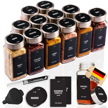 Набір скляних квадратних банок для спецій Deco haus® (12 шт.) з герметичними кришками, етикетками та дозаторами