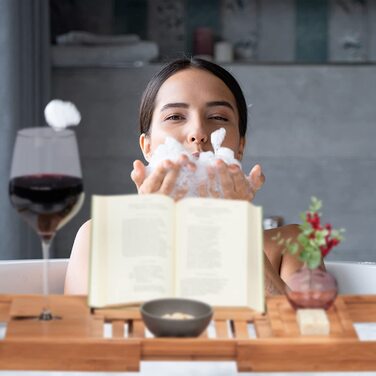 Полиця для ванни Relaxdays, бамбук, розсувна 70-105 см, з підставкою для книги і тримачем для келиха, натуральний/чорний
