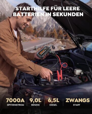 Бустер для автомобіля TREKURE 7000A — Пусковий пристрій (Powerbank) для авто до 9л бензин та 6.5л дизель, з функцією примусового запуску, магнітним кріпленням та 4-в-1 LED робочим світлом, чорний