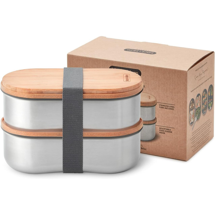 Ланч-бокс Bento BLACK+BLUM з нержавіючої сталі та бамбуковою кришкою, 2x500 мл, герметичний, з вилкою, розділювачем і обробною дошкою, Sara Kiyo Popowa Edition, для дорослих