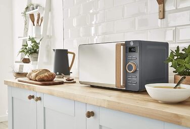 Мікрохвильова піч Swan Nordic 20 л, 800 Вт, 6 режимів, таймер 30 хв, розморожування, легке очищення, сучасний дизайн, ручка під дерево, матово-сіра