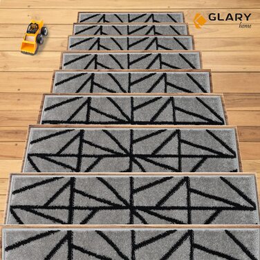 Набір 15 килимків для сходів Glary Home, самоклеючі, 22x71x1,2 см, трикутний візерунок, чорний-сірий
