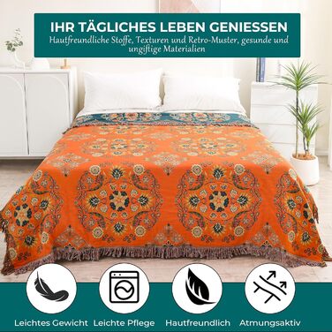 HOORDRY плед з бавовни двосторонній Boho, покривало з китицями 230×250 см, м'яка тепла ковдра для дивану, ліжка чи крісла, зелено-оранжева