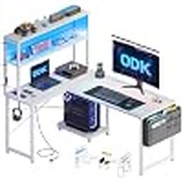Ігровий кутовий стіл ODK Gaming з LED-підсвіткою, полицею-дисплеєм та розеткою, 110×80 см, білий