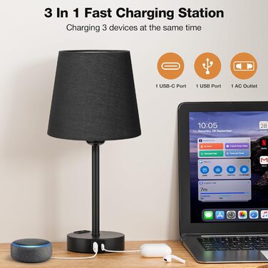 Настільна лампа Kakanuo з торшером, 2 шт., з USB-портами A+C, диммуванням, для спальні, вітальні, дитячої кімнати, офісу (чорний)