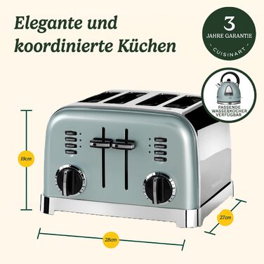 Тостер Cuisinart на 4 скибки, широкі слоти, 6 рівнів підсмажування, функція розморожування, підйомний важіль, для товстого хліба і бейгелів, пісташковий, сумісний чайник