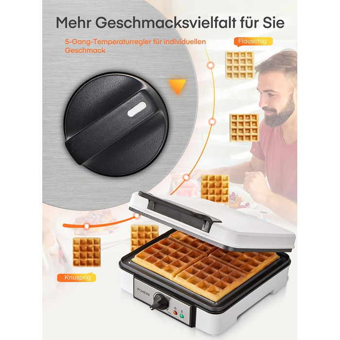 Вафельниця-гриль FOHERE XL 1200 Вт, електрична, антипригарна, для приготування вафель і паніні