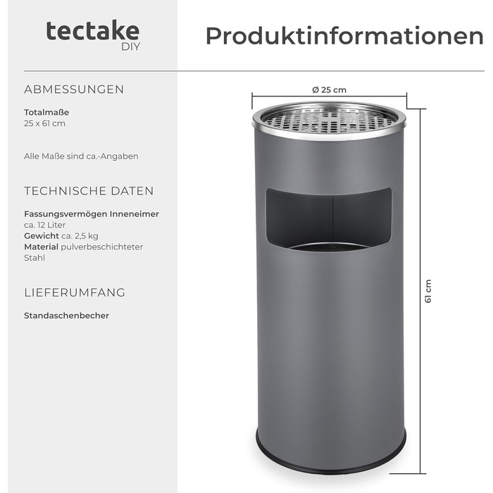 Попільничка вулична Tectake 30л з відром, антрацит Ø25x61 см - Аспіратор для попелу на вулицю