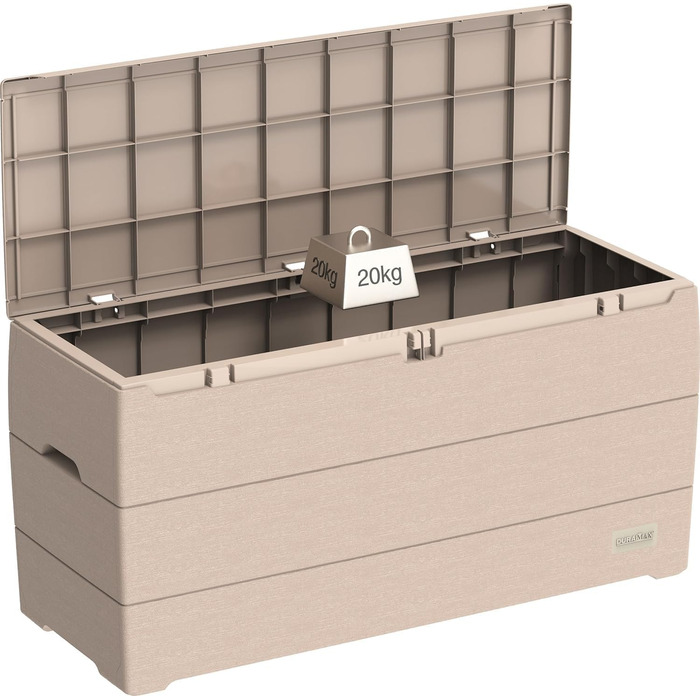 Duramax Cedargrain Durabox 270л: пластиковий органайзер для саду з колесами та ручками, короб для подушок, теплий сірий колір