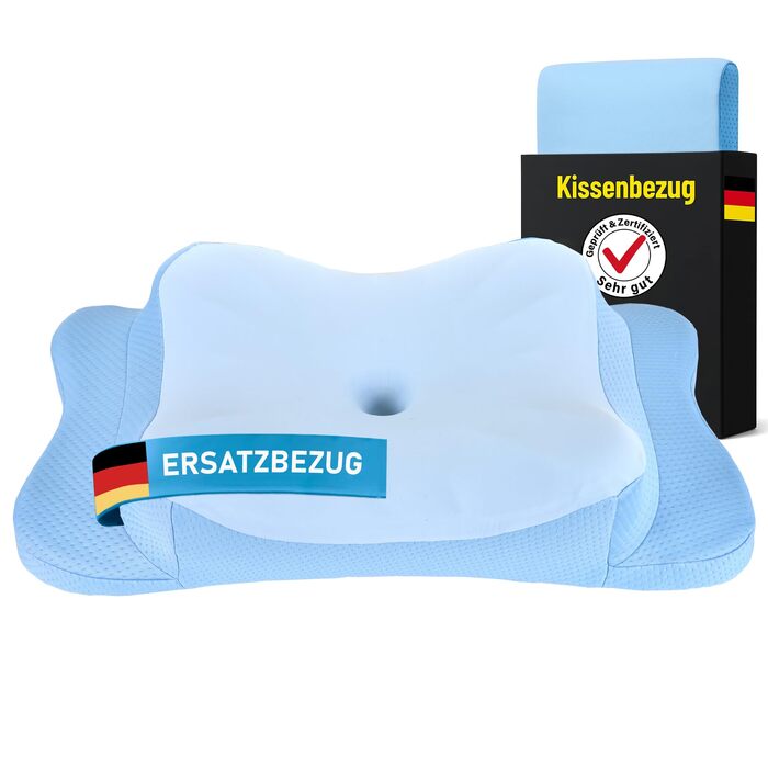 Подушка для шиї з Memory Foam, ергономічна, для всіх типів сну, з чохлом, сертифікат Oeko-TEX®, регулює температуру, (Блакитна, запасний чохол)