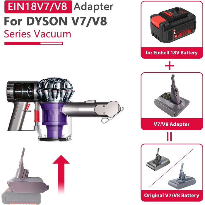 Адаптер EIN18V7V8 для пилососа Dyson V7/V8, перехідник для акумулятора Einhell 18V PXC, заміна батареї, без акумулятора