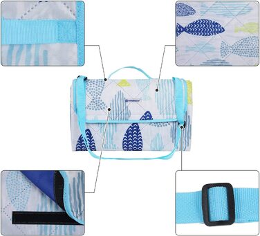 Пікнікова ковдра SONGMICS 195x150 см, складана, легка, з теплоізоляцією, сумка та ремінь, для кемпінгу та подорожей, світло-блакитна