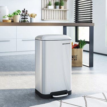 Смітник з педаллю SONGMICS 30 л, сталевий, з кришкою Softclose, герметичний, з внутрішнім відром, для кухні, сріблястий