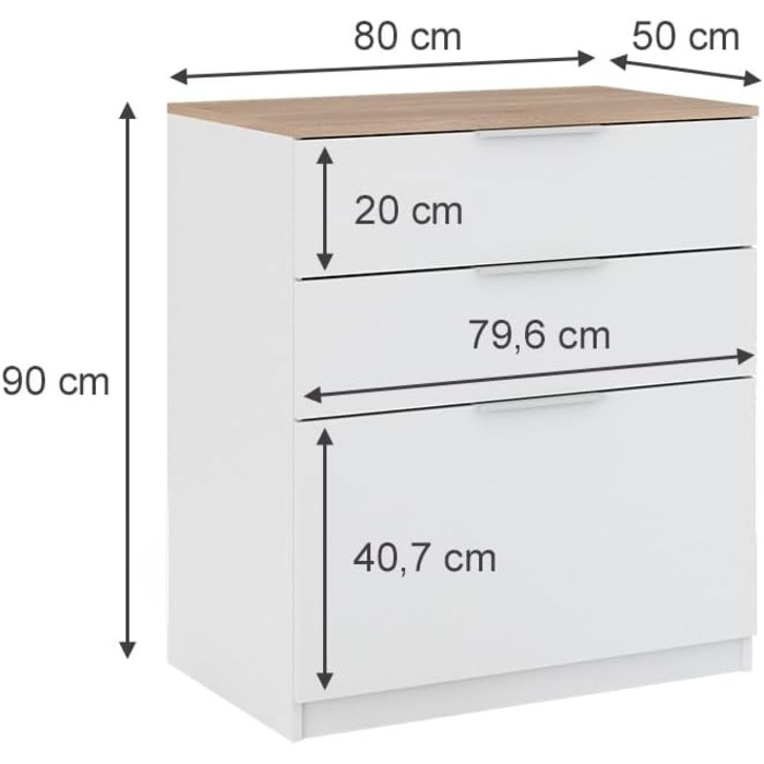 Комод Vicco Betti 80x90 см, білий/сонома, з 3 шухлядами