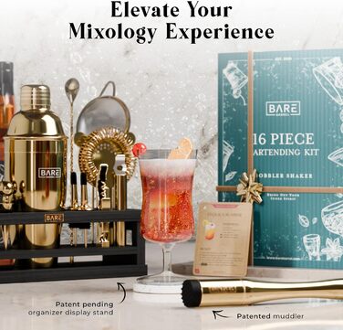 Набір для коктейлів BARE BARREL Mixology Barkeeper Set, 16 предметів, з коблер-шейкером 24oz та 35 картками рецептів, золотий/чорний