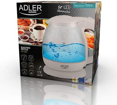 Електричний чайник Adler AD 1238, скляний, 1 л, 1100 Вт, LED-підсвічування, бежевий