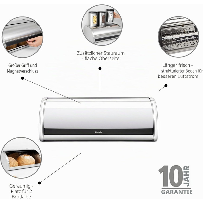 Контейнер для зберігання хліба Brabantia Rollbrotkasten, серія Brilliant Steel (з бічними стінками)