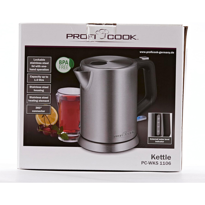 Електрочайник ProfiCook 1 л, нержавійка, 2200 Вт, компактний, BPA-free, одноручне керування, індикатор рівня води, модель PC-WKS 1106