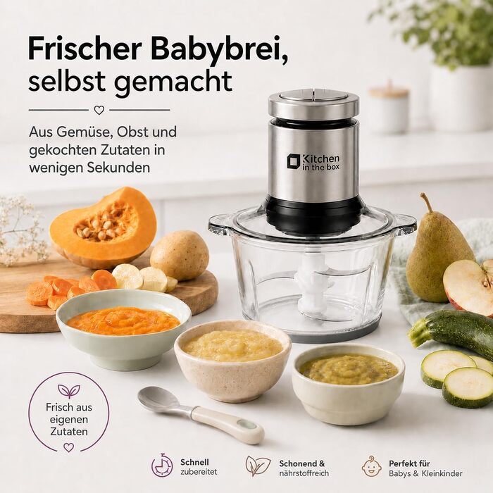 Електричний багатофункціональний подрібнювач Kitchen in the box 400W: 2 чаші по 2л (скло та нержавіюча сталь), 4 ножі, 2 режими швидкості для м'яса, овочів, горіхів та соусів, сріблястий