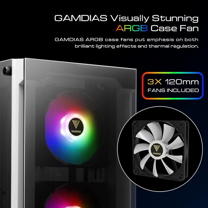 Ігровий корпус GAMDIAS ATX Mid-Tower, 3x120мм ARGB вентилятори, білий, скляна бокова панель, сітчаста передня панель, PSU-кожух