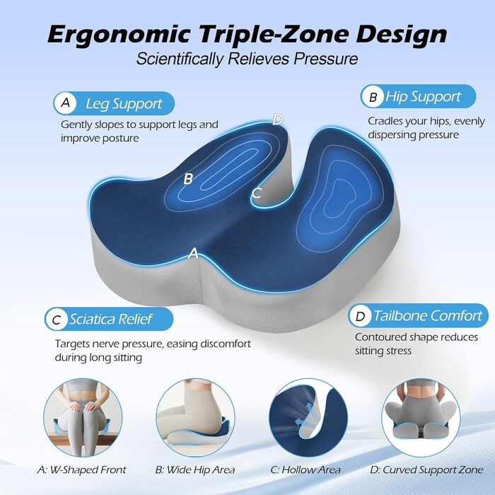 Подушка ортопедична для офісного крісла Lofty Aim з піни Memory Foam: підтримка попереку, куприка, зняття болю, для офісу, авто, літака, інвалідного візка – чорний, синій та сірий