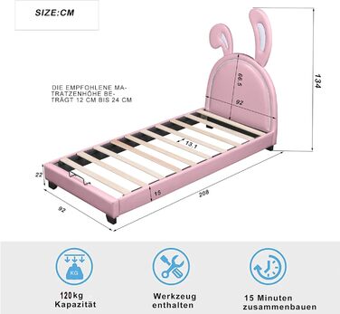 Дитяче ліжко Merax 90x200 см, рожеве, з м’якою спинкою у формі зайчика, дерев’яний каркас, оббивка з екошкіри, підвищені ніжки, ліжко для дівчинки