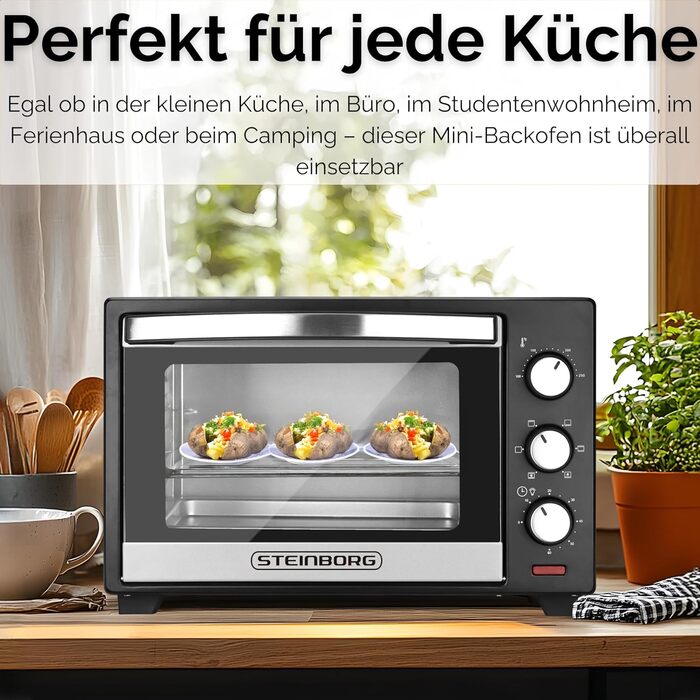 Steinborg Mini Backofen 25л – Електрична міні-піч 3-в-1 для піци та випічки з конвекцією, 1600 Вт, таймер 60 хв, деко для крихт