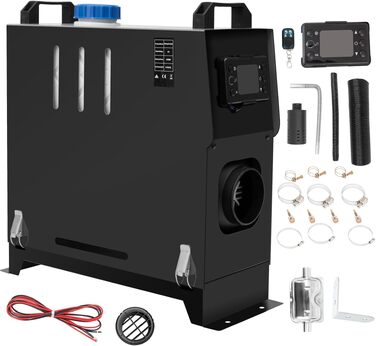 Автономний дизельний обігрівач повітря 12V 8kW з глушником, LCD-дисплеєм та баком на 10л для авто, вантажівок, кемперів та човнів (чорний)