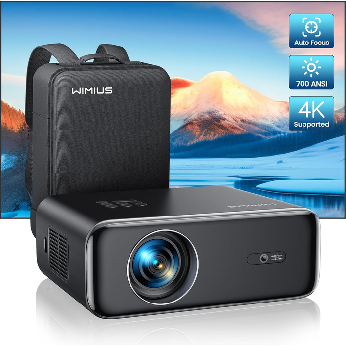 Проектор LED 4K Heikino з Автофокусом та Трапецеїдною Корекцією, WiFi6, Bluetooth, Dolby Audio, Netflix, Android/iOS, для Відкритих Просторів (Чорний/Сірий)